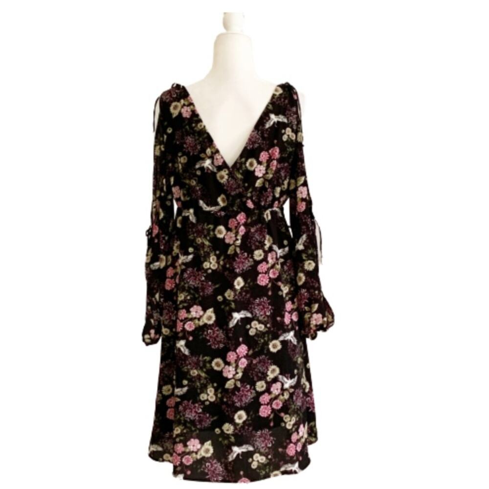 Kensie Dress Black Pink Floral Crane Motif Long Sleeve Cold Shoulder Large - Picture 4 of 15